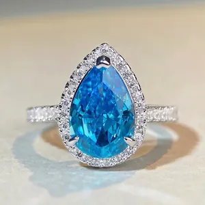 925 Sterling Silver Pear Cut Rhinestone Halo Ring For Women Water Drop Blue Pink Purple Yellow Gemstone Ring Jewelry