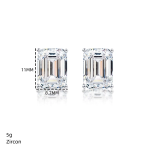 Detailed view of 11mm emerald cut zircon earrings in S925 silver four-prong setting