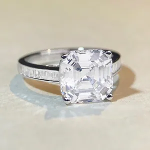 Luxury 925 Sterling Silver Square Asscher Cut Rhinestone Ring For Women High End Finger Jewelry Wedding Engagement Gift