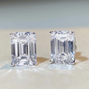 Emerald cut clear cubic zirconia stud earrings with S925 sterling silver four-prong setting