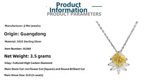 Specifications for the S925 silver necklace with a 3-carat ice-cut yellow diamond pendant