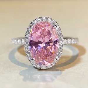 Bague Halo en Argent Sterling 925 Avec Strass Rose Jaune Blanc Taille Ovale pour Femme Bijoux de Banquet de Mode Luxueux