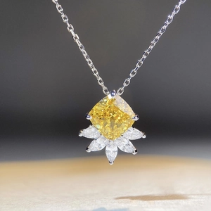 S925 silver necklace with yellow cushion cut stone and marquise accent crystals