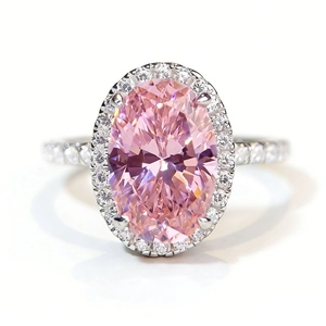 Bague élégante en argent 925 avec pierre centrale ovale rose et entourage de diamants