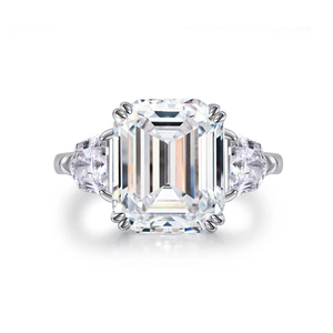 Three-stone S925 sterling silver ring with emerald cut clear carbon diamond centerpiece