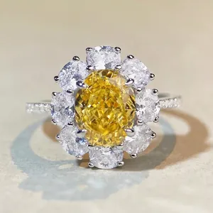 Luxury S925 Sterling Silver Sunflower Halo Ring For Women Oval Cut Yellow Blue Pink Rhinestone Anniversary Wedding Jewelry