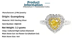 Détail de bague cœur en argent S925 avec diamant jaune et pierre de taille Radiant