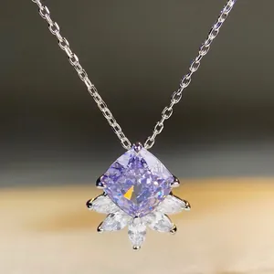 925 Sterling Silver Rhinestone Pendant Necklace For Women Elegant Ice Flower Cut Purple Pink Yellow Blue Green Jewelry