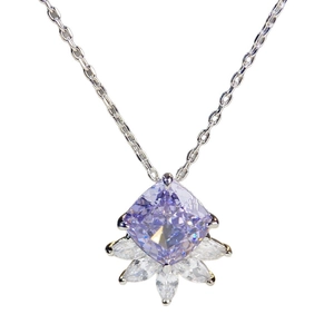 Ice flower cut S925 silver necklace with purple square gemstone and marquise accent stones
