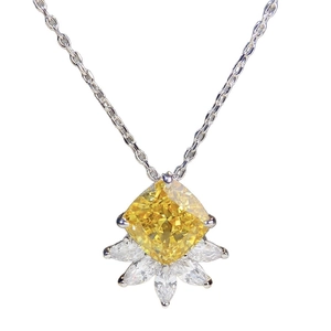 S925 silver necklace featuring a large yellow cushion-cut stone and marquise crystals