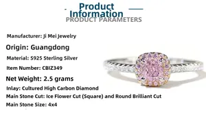 Macro detail of S925 sterling silver ring with 4x4mm pink carbon diamond and radiant cut