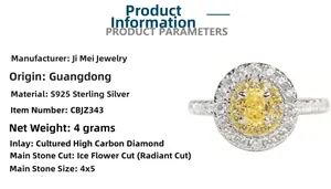 Detailed specs of S925 sterling silver ring with 4x5mm ice-cut yellow carbon diamond