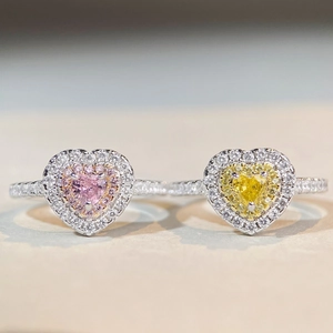 Bague cœur élégante en argent S925 avec pierres roses et jaunes et serti de diamants