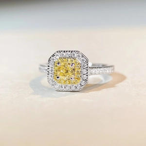 Luxurious S925 sterling silver ring with yellow cushion cut stone and double halo