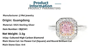 Macro detail of S925 silver ring featuring 4x4mm pink radiant cut diamond setting