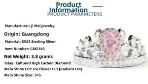 Detail of S925 sterling silver crown ring featuring ice cut pink pear diamond