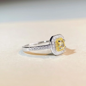 Luxurious S925 sterling silver ring with cushion cut yellow diamond in halo setting