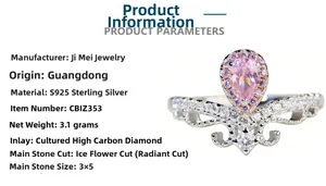 Detail of S925 sterling silver crown ring featuring a 3x5mm pink pear-shaped stone