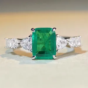 925 Sterling Silver Emerald Cut Green Zirconia Ring For Women Muzo Green Rectangular Three-Stone Geometric Ring Jewelry