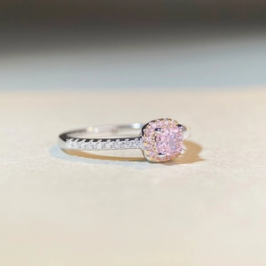 S925 silver ring featuring a pink cushion-cut center stone with double halo diamonds