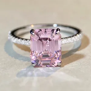 925 Sterling Silver Ring For Women Emerald Cut Pink Zirconia Square Stone Pave Setting Elegant Fine Jewelry Luxury Gift Ring