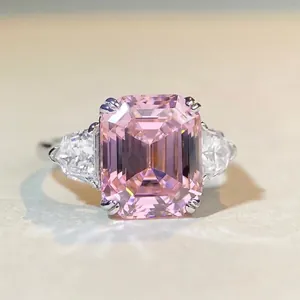 925 Sterling Silver Three Stone Emerald Cut Zirconia Ring Pink Blue White Zircon Square Gemstone Engagement Ring For Women