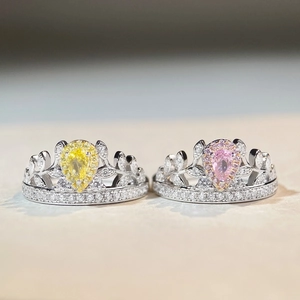 S925 sterling silver crown ring set featuring pear-cut pink and yellow stones