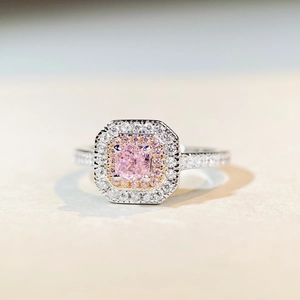 Luxury S925 sterling silver ring with cushion cut pink stone and double halo setting