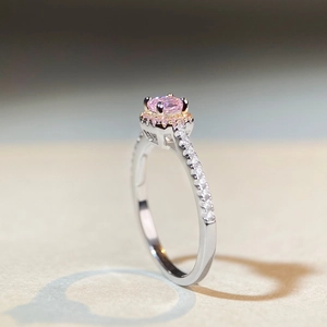 Elegant S925 silver pink diamond ring with two-tone halo and oval four-prong setting