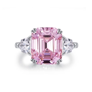 Emerald cut pink gemstone ring in S925 silver with side accent trapezoid diamonds