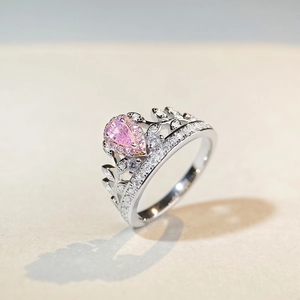 Elegant S925 sterling silver crown ring with pear-shaped pink gem and leaf design