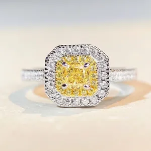 925 Sterling Silver Radiant Cut Yellow Pink Rhinestone Halo Ring For Women Fashion Geometric Pave Adjustable Jewelry Ring