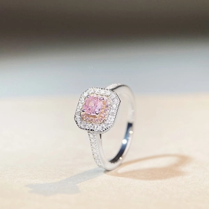 Elegant S925 silver ring featuring a pink cushion-cut gem with double halo setting