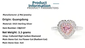 Detailed specs of S925 sterling silver ring with heart-shaped pink carbon diamond
