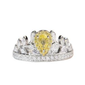 Bague couronne en argent S925 avec pierre jaune en forme de poire et diamants