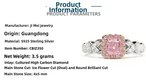 Détail de la bague en argent S925 avec diamant rose taille glace de 4x5mm sur fond blanc