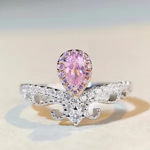 925 Sterling Silver Pear Cut Rhinestone Crown Ring Elegant Pink Yellow Water Drop Gemstone Ring For Women Jewelry Gift