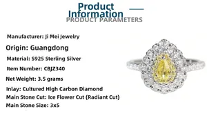 Detailed view of 925 sterling silver ring featuring a pear-cut yellow carbon diamond