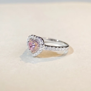 S925 silver ring featuring pink heart-shaped crystal with double halo diamond setting