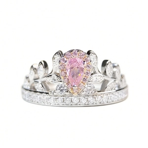 S925 silver crown ring with pear-cut pink stone and sparkling leaf detail on white base