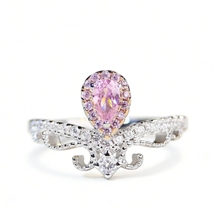 Luxurious S925 sterling silver ring with pear-cut pink stone and crown lace setting