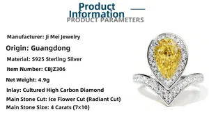 Detail view of 925 silver ring featuring 4ct pear-cut yellow diamond with ice flower facets