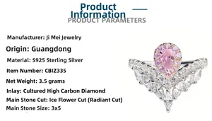 Detailed view of S925 sterling silver ring with pink pear-shaped stone and ice flower cut