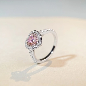 S925 silver heart ring with pink ice-cut stone and double halo of diamonds
