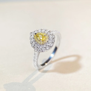 925 Sterling Silver pear-cut yellow zircon ring with double halo and paved band
