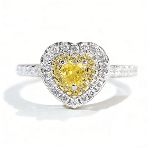 Bague cœur en argent S925 avec double halo de zircon jaune et anneau pavé