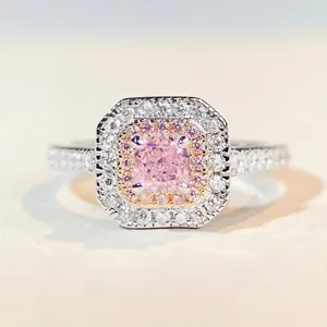 925 Sterling Silver Double Halo Cushion Cut Ring For Women Elegant Pink Yellow Rhinestone Minimalist Fashion Finger Jewelry Accessory