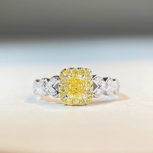 Luxury S925 silver ring featuring a cushion-cut yellow gemstone and heart-shaped hollow band