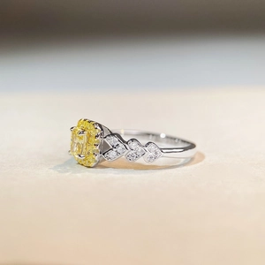 S925 silver ring featuring a yellow cushion-cut center stone and heart-shaped hollow band