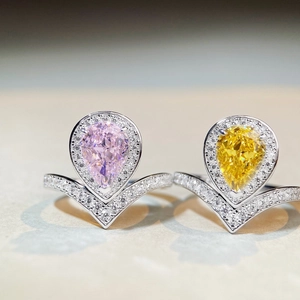 S925 silver pear-cut pink and yellow halo rings with V-shaped pavé diamond bands